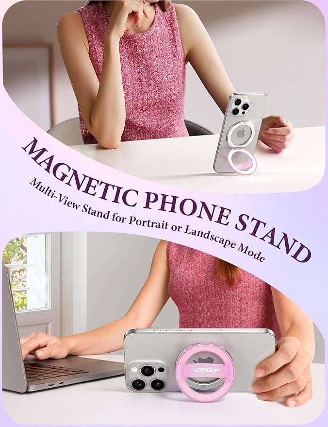 JOYROOM Magnetic Phone Grip, Silicone Finger Loop Grip [Stylish Twinkle][Glitter] Phone Grip for Magsafe, for iPhone 16 Pro Max/15 Pro Max/14/13/12 Series, Pink