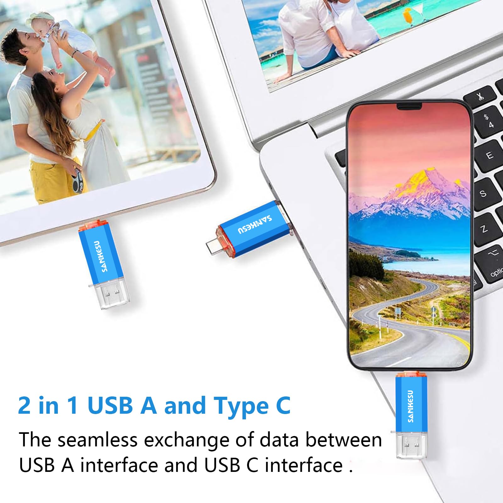 SANKESU 512GB USB C Flash Drive 2 in 1 OTG USB 3.0,USB-A & Type-C Thumb Stick, Dual Memory Sticks Compatible with PC Laptop Type C Cell Phone and Tablet (Blue)