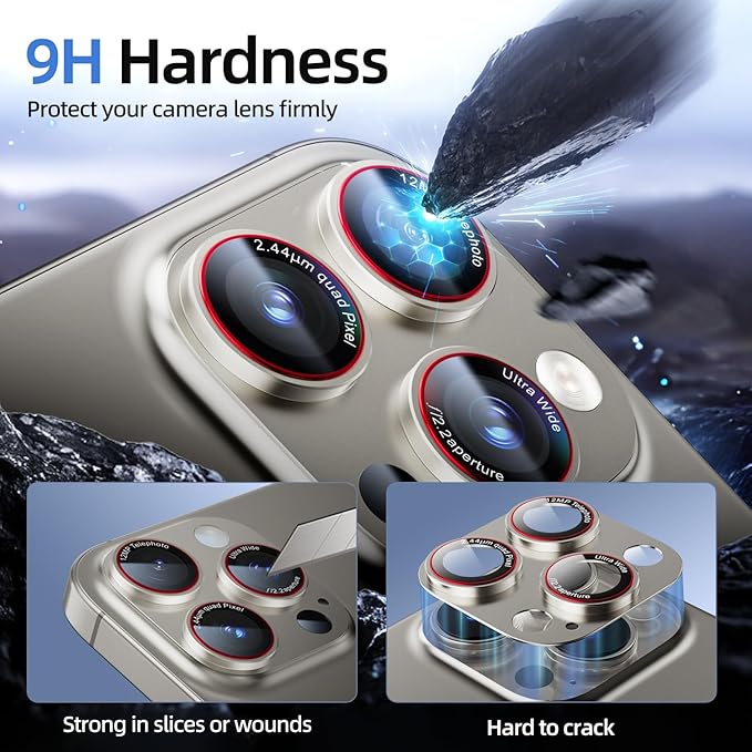 Camera Lens Protector for iPhone 16 Pro Max/iPhone 16 Pro/iPhone 15 Pro Max/iPhone 15 Pro/iPhone 14 Pro Max/14 Pro , [Military Grade Shatterproof][Full Coverage Metal] [Strong Adsorption] 9H Metal Tempered Glass Camera Screen Cover, [Case-Friendly], Na...