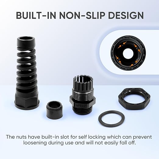 Strain Relief Cord Connector,LISTENJIALE 2Pcs NPT 1/2" Waterproof Cable Gland Flex Spiral Strain Relief Adjustable 6-12mm Cable Connector Nylon Joint with Gaskets(Black)