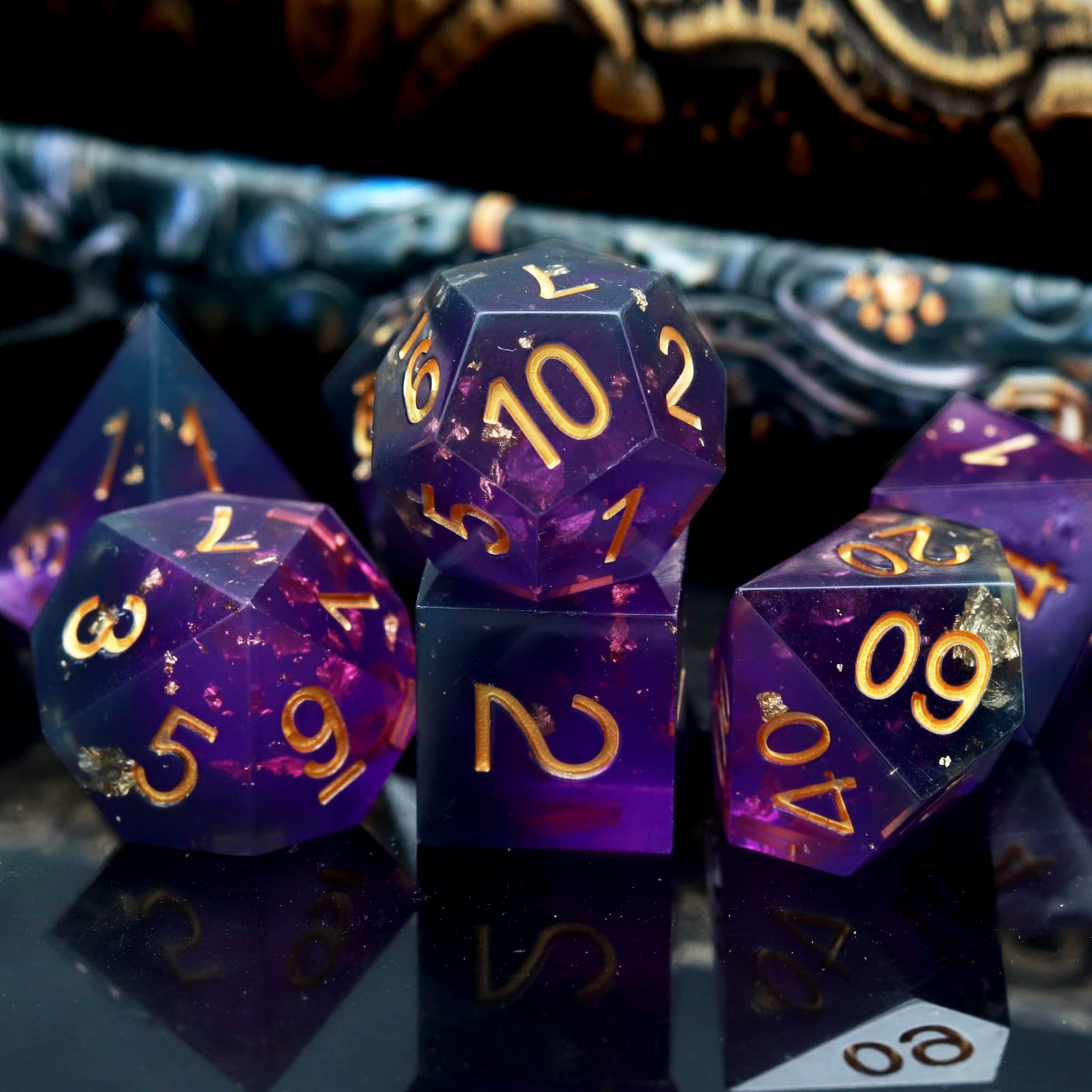 Haxtec DND Dice Set Sharp Edge Resin Dice with Dice Case Purple Black D&D Dice for RPG Role Playing Games Compatible with Dungeons and Dragons Gift War Series