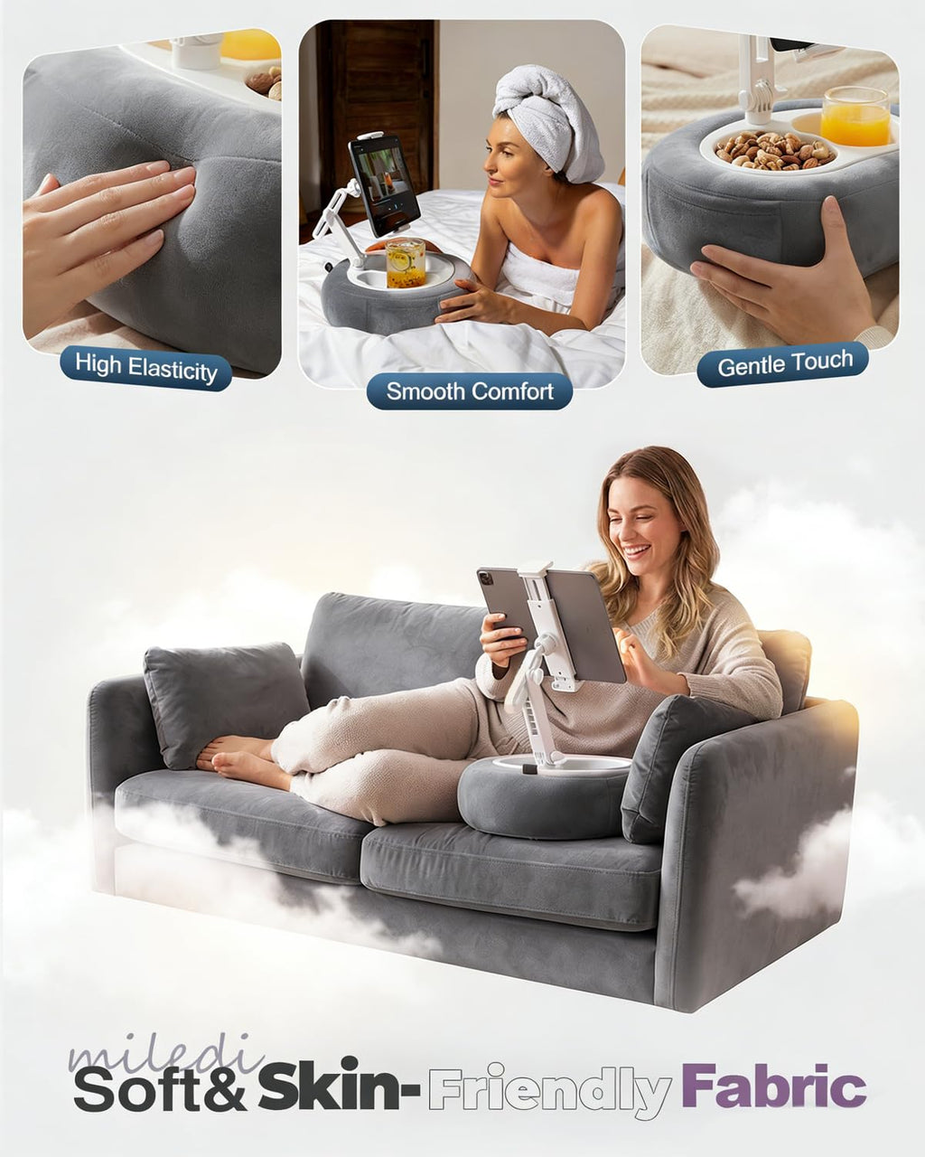 Miledi Tablet Pillow Stand for Bed with 360° Rotating Holder, Gray