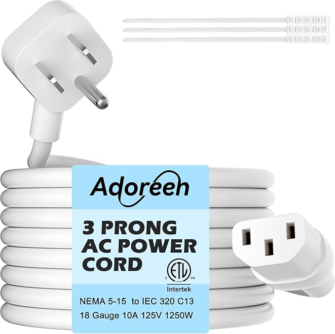 Adoreen 10 Ft Computer TV Replacement Power Cord White, Low Profile Flat Plug 18AWG 3-Prong AC Universal Power Supply Cable NEMA 5-15P to IEC 320 C13 for Printer, PC, Monitor TV LCD, ETL+Ties