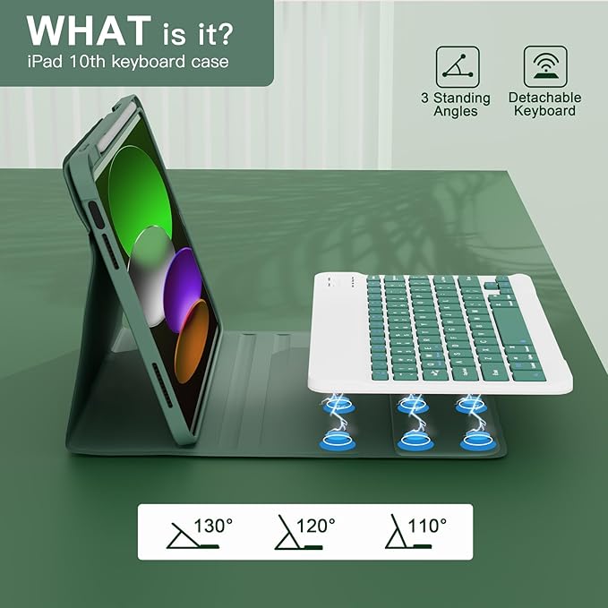 NOKBABO for iPad 11th 10th Generation Case with Keyboard, Magnetic Wireless Detachable Folio case with Pencil Holder, Keyboard for ipad 11th(A16,2025) & iPad 10th Generation(2022) - Midnight Green