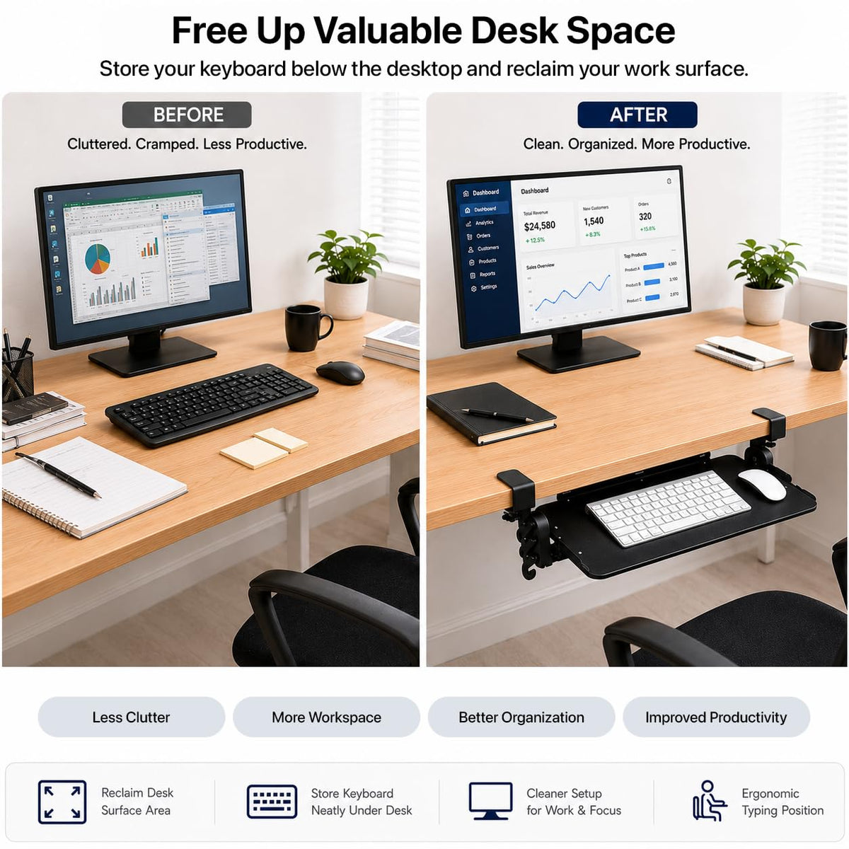 Uncaged Ergonomics Keyboard Tray Under Desk Slide Out Clamp On (Black)