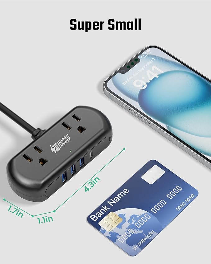Power Strip with USB, SUPERDANNY Mini Surge Protector with 2 Wide-Spaced Outlets, 3 USB-A 1 USB-C, 5 Ft Extension Cord, Flat Plug, Compact Size Desktop Charging Station Travel, Home, Office, Black