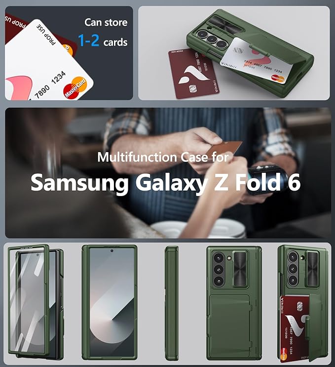 Vihibii for Samsung Galaxy Z Fold 6 Wallet Case with Card Holder & Camera Lens Cover & Hinge Protection & Front Screen Protector, Heavy Duty Rugged Phone Case for Samsung Galaxy Z Fold 6 5G, Green