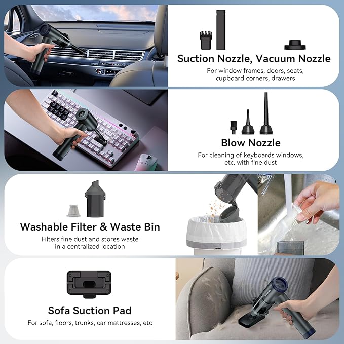 Car Vacuum Portable Cordless, Mini Handheld Vacuum Cleaner for Pet Hair/Car/Home, Suction & Blow 2 in 1, 22KPa High Power, 6000mAh, Small Lightweight Gadget, Type-C Rechargeable.