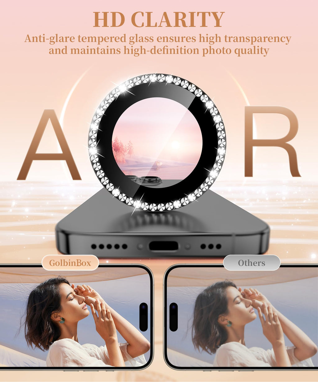 GolbinBox Camera Lens Protector for iPhone 17 Pro Max/17 Pro/16 Pro Max/16 Pro, 1:1 Invisible Fit, 9H Tempered Glass Ultra HD Metal Individual Camera Cover for Women, Case Friendly,Bling/Black
