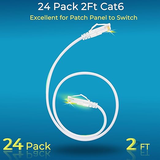 Rapink Patch Cables Cat6/ Cat6a 2ft (24 Pack) Slim, Cat6a Ethernet Patch Cable 10G Support, Snagless Cat 6 Patch Cable for Patch Panel to Switch, Flexiable Cat6 Ethernet Cable White