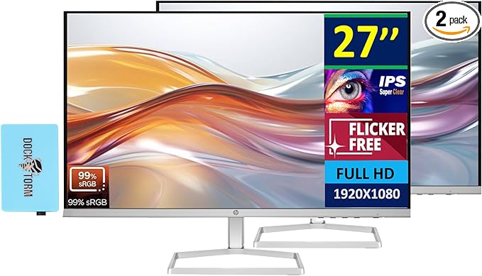 HP Series 5 527sw 27" 300 nits IPS FHD Monitor (Replaces M27FW) Adjustable Tilt, Flicker Free, Anti-glare, Ultra-thin, Low-Blue Light Filter, 1x HDMI, White/Silver w/DKZ Hub USB Port Expander (2 Pack)