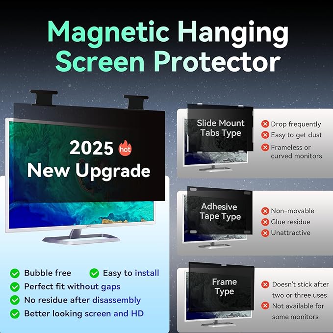 [2 Pack] Magnetic 24 Inch Computer Privacy Screen for 16:10 Aspect Ratio Widescreen Monitor, Hanging Eye Protection Anti Glare Blue Light Computer Monitor Privacy Filter, Removable 24in Protector Film