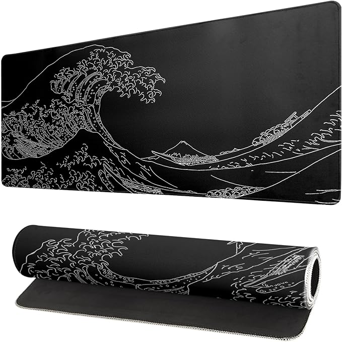 Japanese Sea Wave Large Mouse Pad Abstract Black Mouse Pad 31.5x11.8 Inch Black Kanagawa Texture Non-Slip Rubber Base Large Ocean Mousepad Stitched Edge Keyboard Mouse Mat Desk Pad for Office and Home