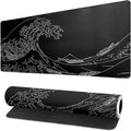 Japanese Sea Wave Large Mouse Pad Abstract Black Mouse Pad 31.5x11.8 Inch Black Kanagawa Texture Non-Slip Rubber Base Large Ocean Mousepad Stitched Edge Keyboard Mouse Mat Desk Pad for Office and Home
