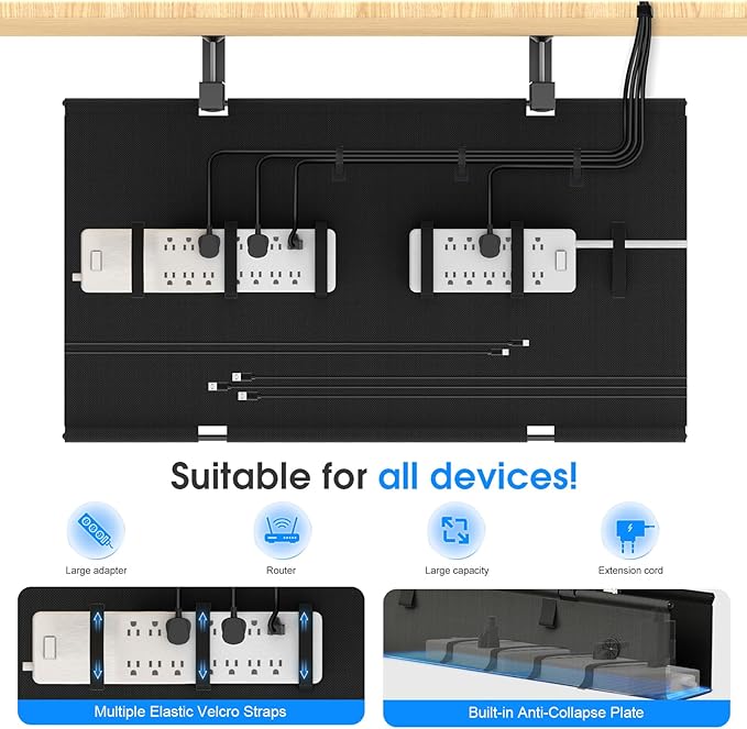 Under Desk Cable Management Tray, 30-inch No-Drill Cord Organizer with Anti-Sag Reinforced Base, Fabric Wire Management Hider for Standing Desk, Office & Gaming Accessories - Black