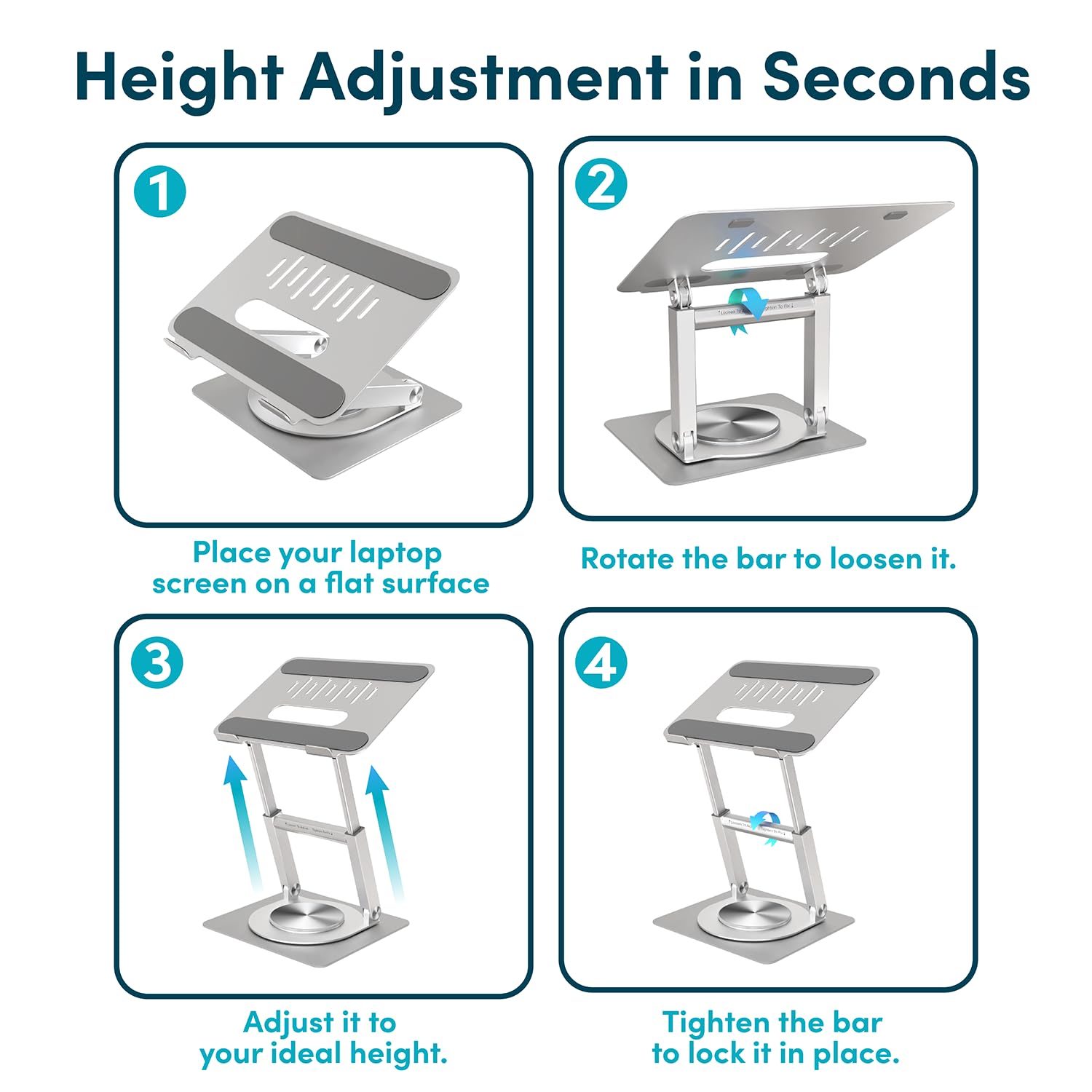 Lifelong 360 Rotating Adjustable Laptop Stand, 16" Tall Riser - Silver