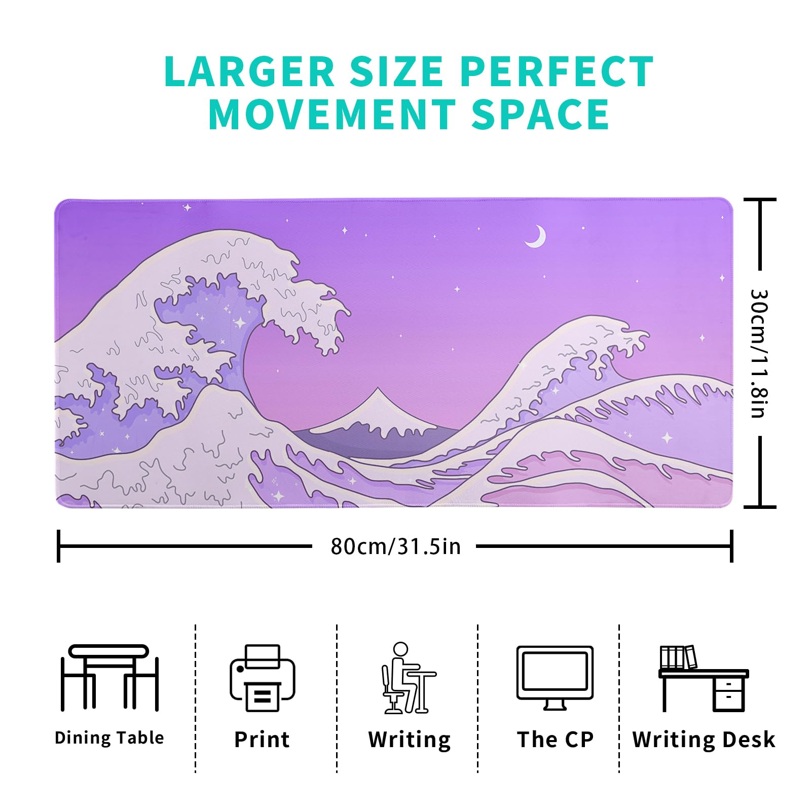 Purple Japanese Sea Wave Gaming Mouse Pad - Large Desk Mat with Non-Slip Base and Stitched Edge for Gaming and Office - 31.5x11.8 Inch