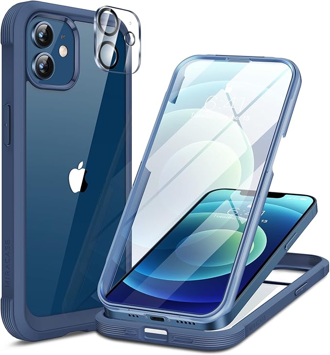 Miracase Glass Series for iPhone 12/12 Pro Case 6.1 inch, Upgraded Full-Body Rugged Phone Bumper Case Cover with Built-in 9H Tempered Glass Screen Protector and Camera Protector, Blue