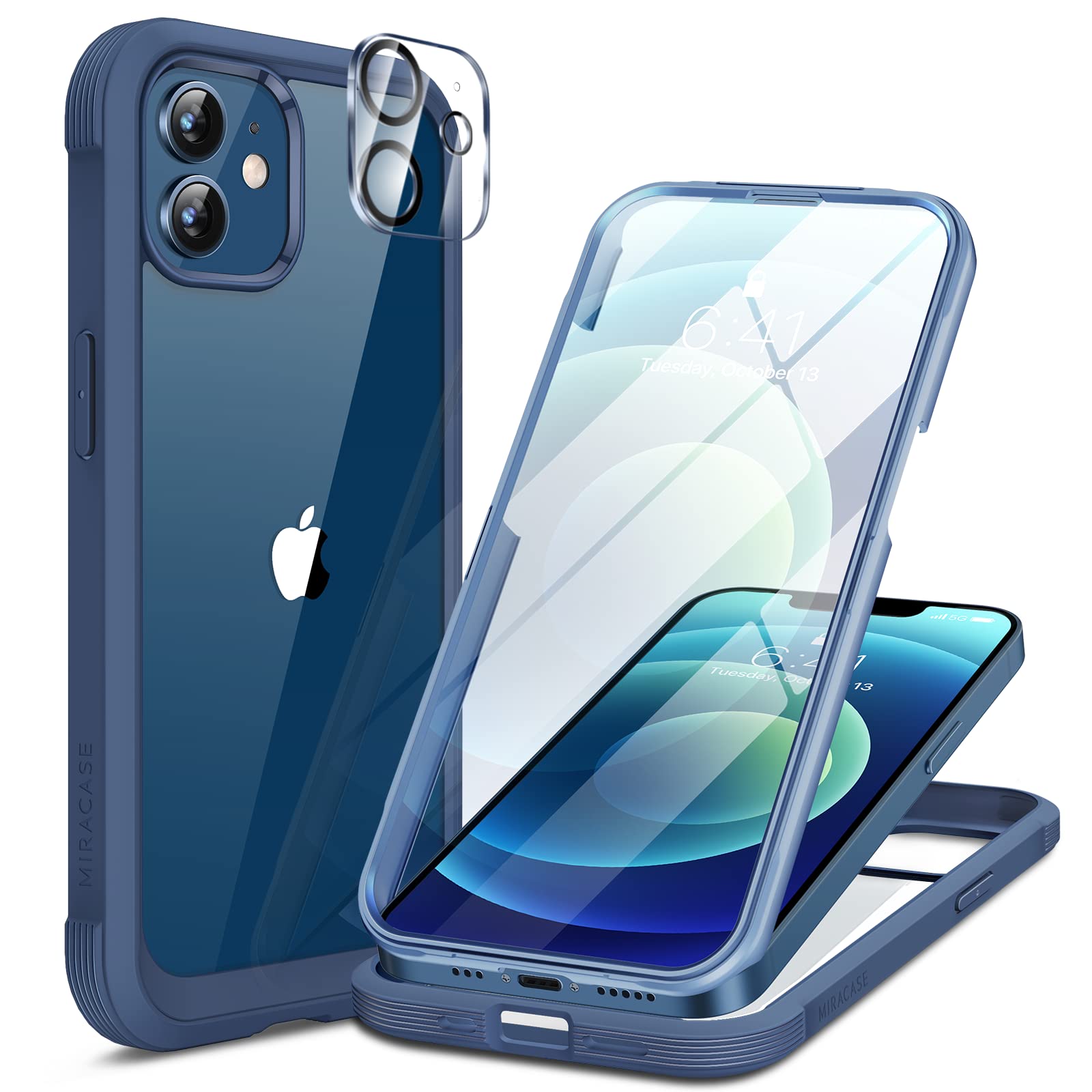 Miracase Glass Series for iPhone 12/12 Pro Case 6.1 inch, Upgraded Full-Body Rugged Phone Bumper Case Cover with Built-in 9H Tempered Glass Screen Protector and Camera Protector, Blue