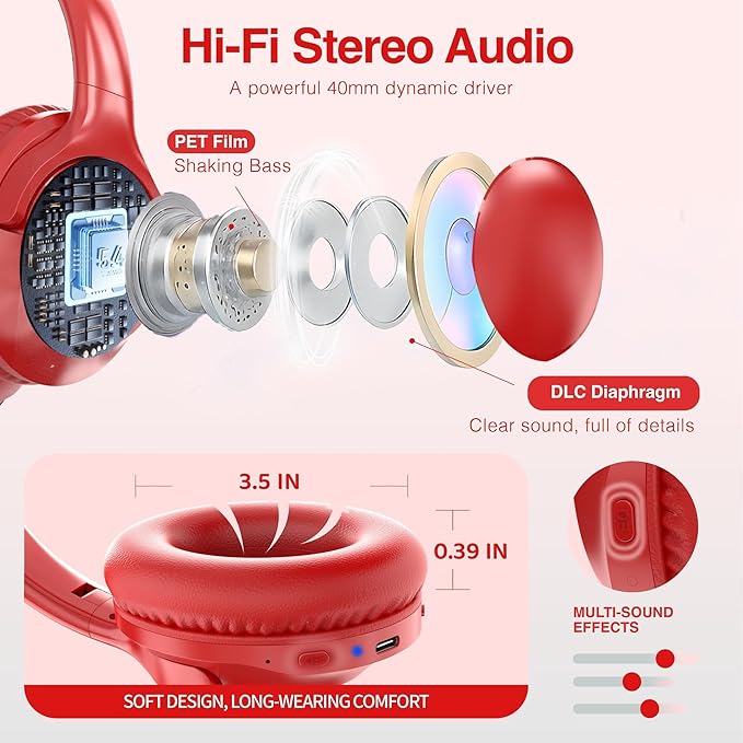 MIDOLA Bluetooth Headphones Over Ear 68H Playtime 6 EQ Wireless Headset with Microphone HiFi Stereo Foldable Lightweight Deep Bass for Travel Home Office Cellphone Red