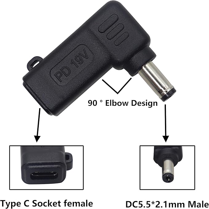 90W PD Type C to DC5521 Power Converter USB C to DC 5521 Laptop Charging Adapter 19V 4A Type C Female to DC 5.5 x 2.1mm Male Power Adapter for Studio and Travel [PD-5521]