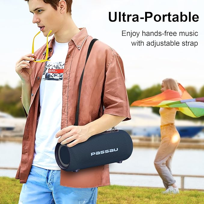 Passau Portable Bluetooth Speakers 40W Peak Loud Stereo Sound, Passive Radiators-Deep Bass, All Day Playtime, Adjustable Strap, BT5.3, IPX5 Wireless Speaker RGB Lights for Indoor Outdoor-Blue