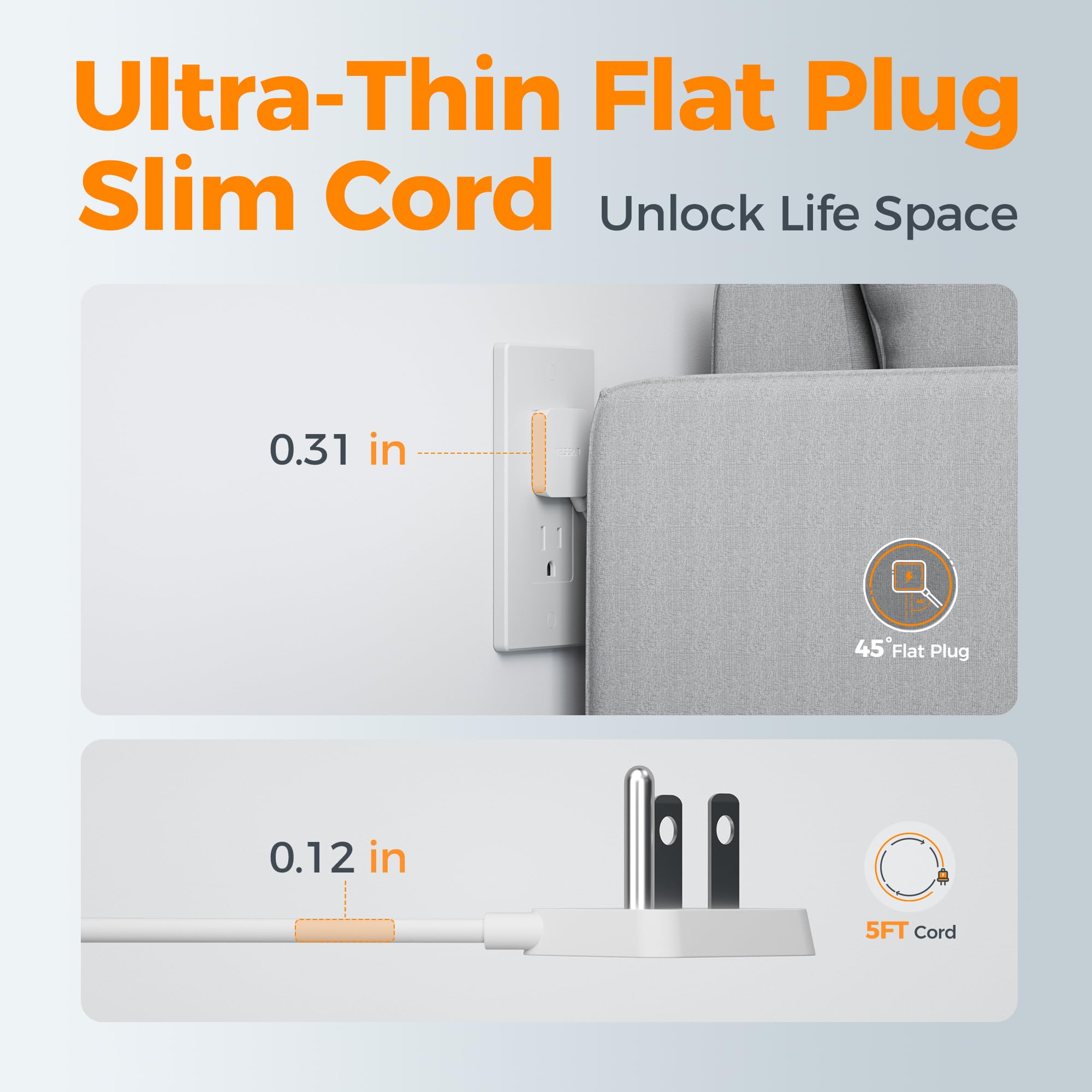 TESSAN Ultra Thin Flat Extension Cord 5 FT, White