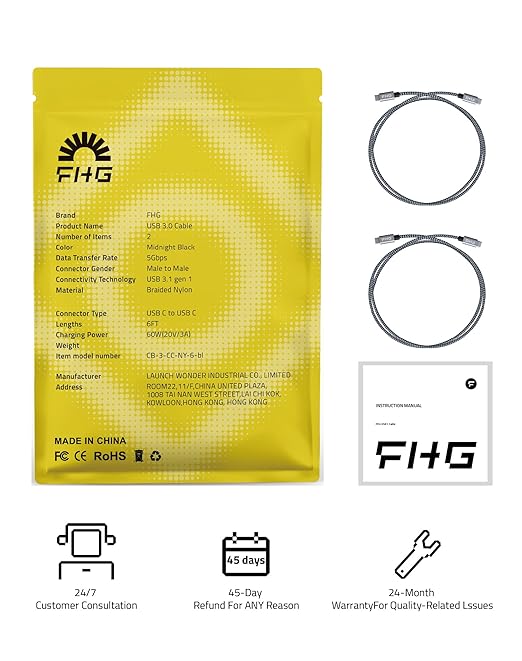 FHG USB C to USB C Cable 6FT 2Pack, PD 60W/3A C to C Cable Fast Charging from 20% to 90% in 30mins, 5Gbps USB C to USB C Data Cable, Nylon Braided Compatible for iPhone 15/Samsung/Android Auto