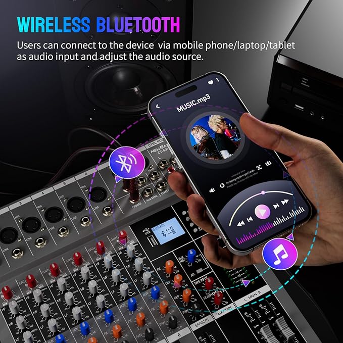 Professional DJ Audio Mixer - NEW BAXS 6 Channel DJ Bluetooth Controller Sound Mixer,USB Interface,6 XLR Mic/Line Input,AUX,FX Processor MP3 Player,+48V Phantom For Karaoke Studio Streaming Recording