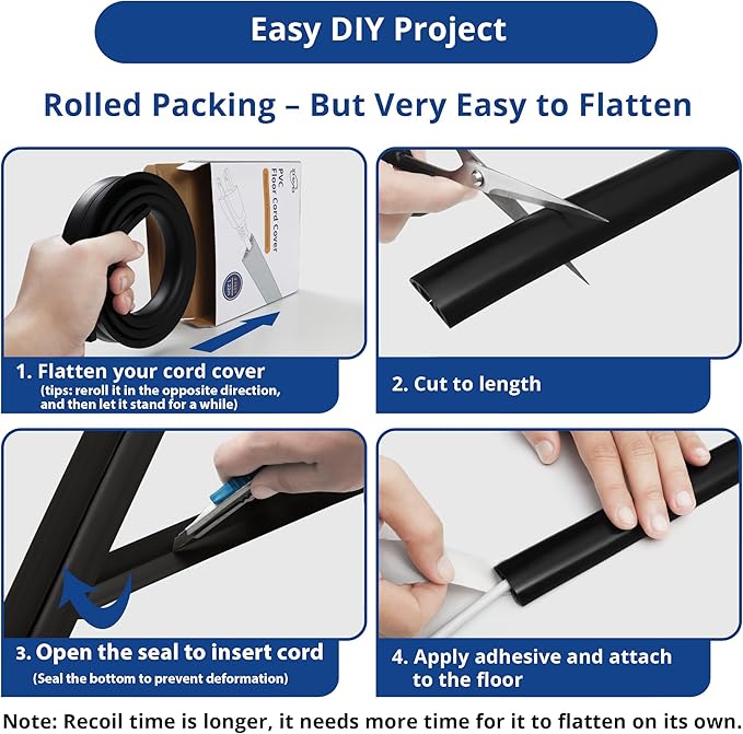 Floor Cord Cover 4ft, Cord Hider Floor White, Floor Cable Management Prevent Cable Trips, Floor Cable Cover Wire Covers for Electric Power Extension Cords, Cord Protector Cord Cavity W0.47 x H0.28