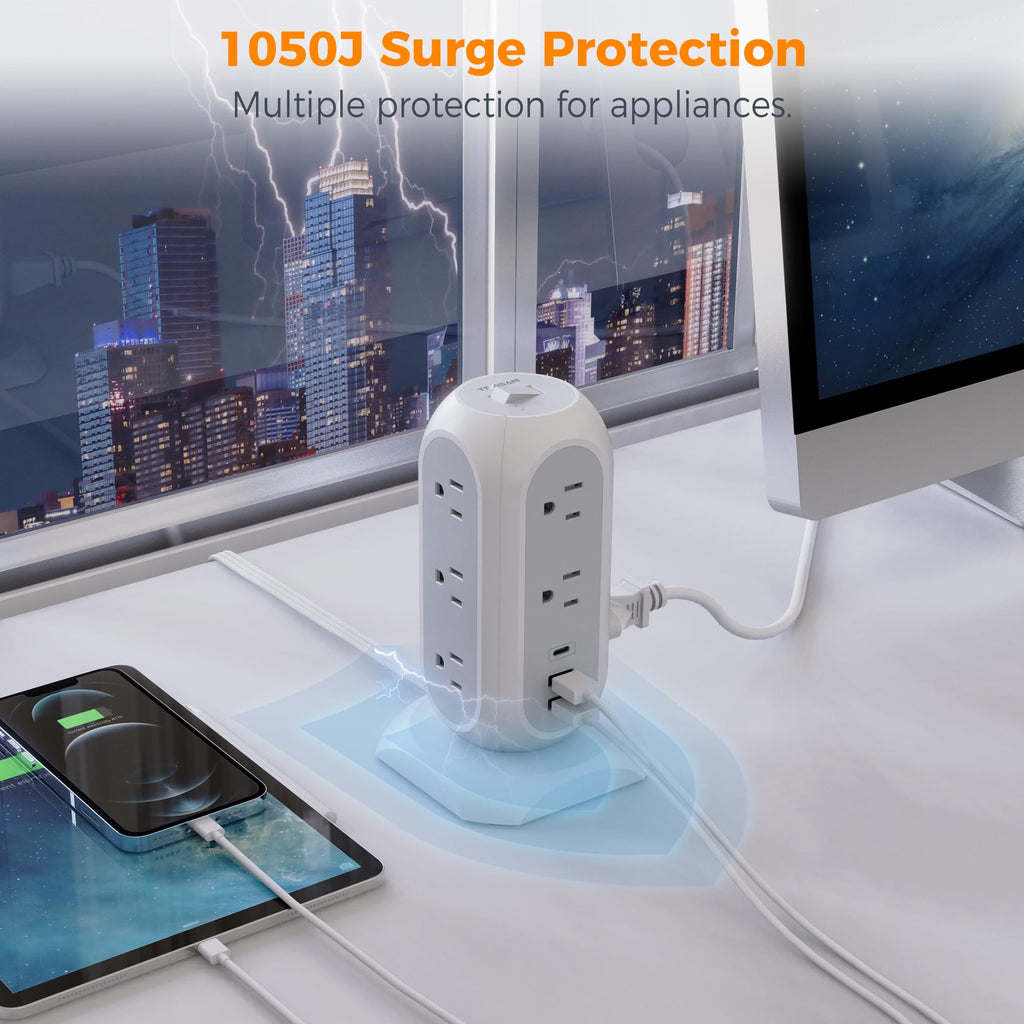 TESSAN Tower Power Strip Flat Plug with 1050J Surge Protection, 6 Ft, Grey