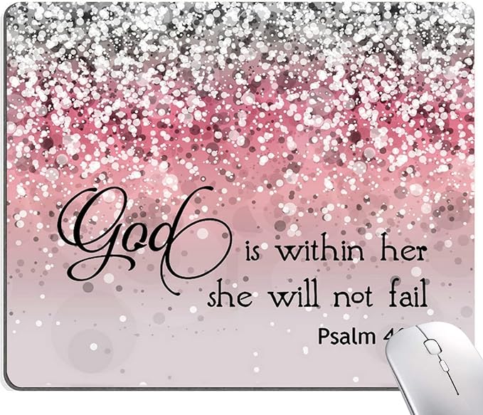 Mouse Pad, Bible Verse Pink Sparkles Glitter Mouse pad, Square Waterproof Mouse Pad Non-Slip Rubber Base MousePads for Office Laptop, (Psalm 46:5 God is Within Her,She Will not Fall)