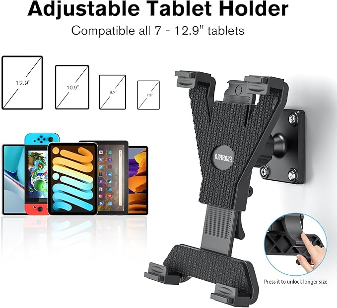PLDHPRO Tablet Wall Mount, 360° Rotation Universal iPad Holder Stand Compatible with Galaxy Tab, Surface, Fire HD, e-Readers, 7-12.9'' Tablets for Kitchen, Bathroom, Warehouse, Drilled Screw Mounted