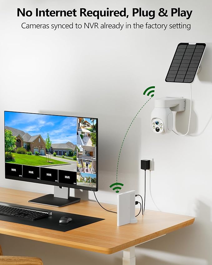 Camcamp Solar Security Cameras Wireless Outdoor, 2K Wireless Battery Security System with 10CH NVR & 500GB HDD, PTZ, Color Night Vision, IP66 Waterproof, Motion Alert, Work with Alexa, 0 Monthly Fee