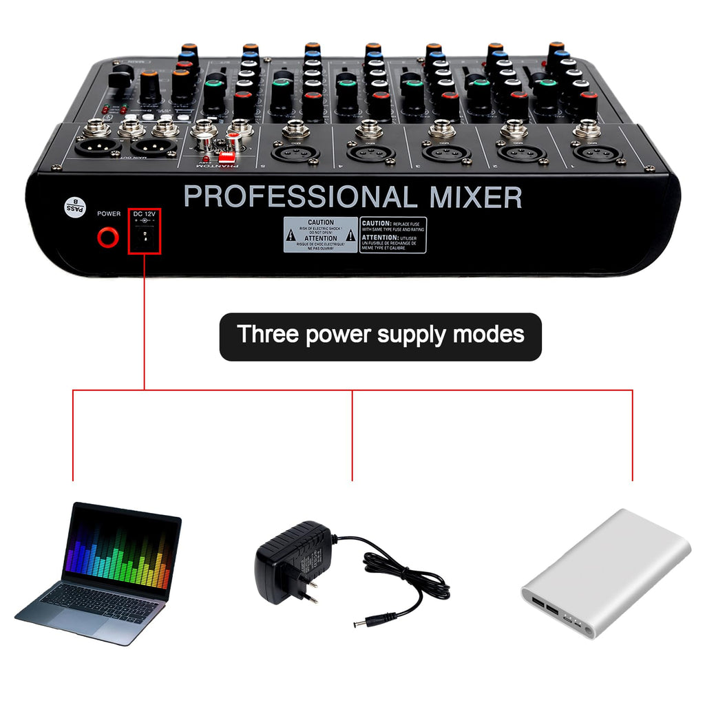 Jindaaudio 7 Channel mixer, DJ Mixer Board, Audio Sound Card with Interface Recording and 48V Phantom Power, Sounds Mixer Board with FX Reverb Delay Effect for Streaming