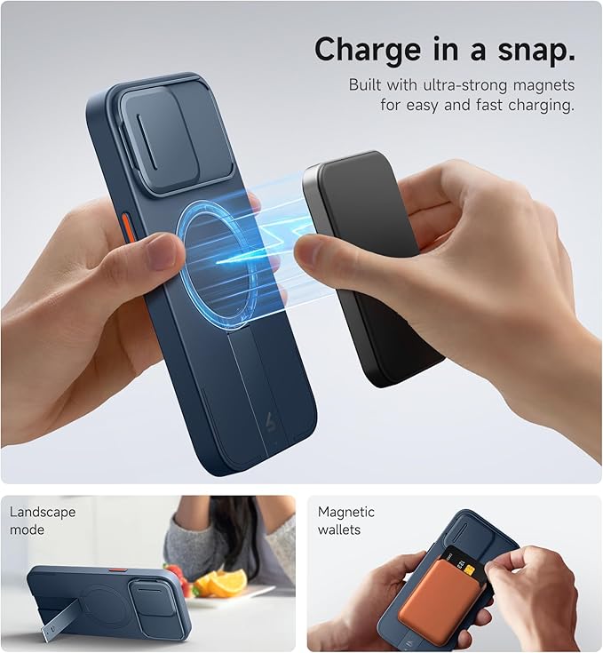 SURITCH for iPhone 15 Pro Max Case with Magnetic Camera Slide Cover and Adjustable Kickstand, Compatible with MagSafe, Shockproof Bumper Case Slim Protective Cover 6.7 Inch, Blue