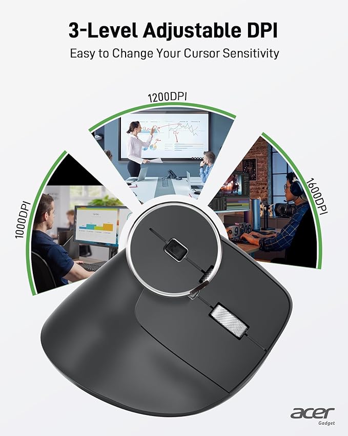 acer Ergonomic Mouse Wireless, Adjustable DPI Vertical Mouse 1000/1200/1600 with 6 Buttons, Rechargeable Ergo Mice with 2.4GHz USB Receiver for Computer, Laptop, PC, iMac and Desktop