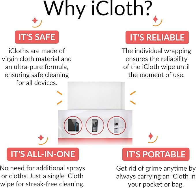iCloth 70% Isopropyl Alcohol Large Screen and Electronics Wipes, Lint-Free, Streak-Free, Fast-Drying, Removes Dust and Fingerprints (100 Wipes)