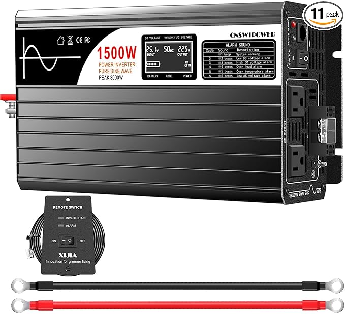 Xijia 1500W(Peak Power 3000W) Pure Sine Wave LCD-Display Solar Power DC 12V Inverter AC 120V 60HZ Solar Converter for Home Use car (DC12V (Range 10V-15V) 1500W