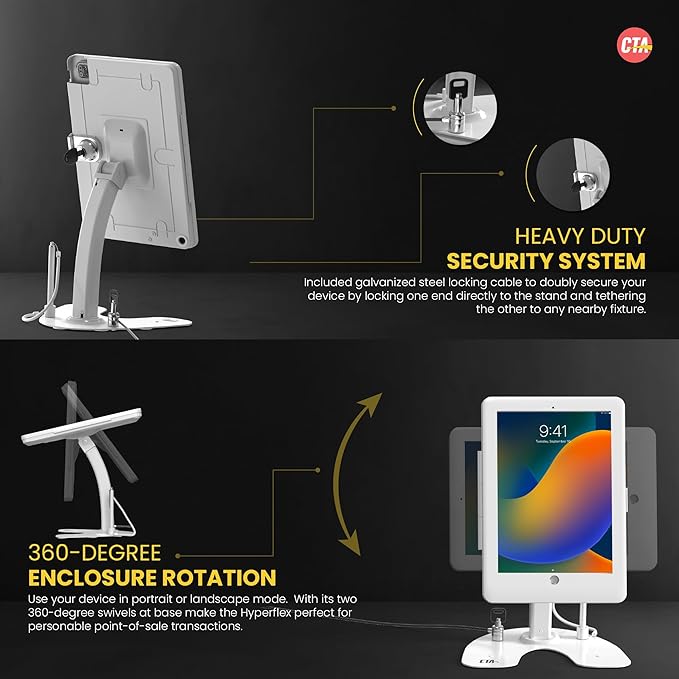 Dual Locking Stand – CTA Security Kiosk with Locking Case, Cable, Stylus, Tether, and 360-Degree Rotating Base for iPad Pro 10.5”, iPad Air 3, and Headphone Jack. (PAD-ASKTW) - White
