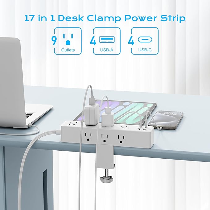 Acozvin Desk Clamp Power Strip 10FT, 40W Total Fast Charging Station