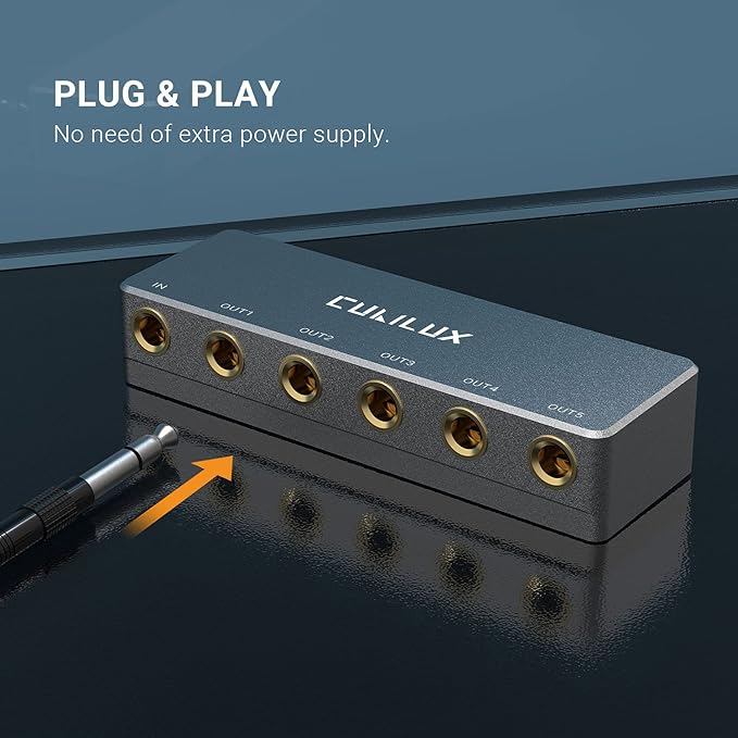 Cubilux 5-Way Quarter Inch Signal Splitter, Passive 1/4” Audio Splitter, 6.35mm Multiport Aux Splitter Box for Instruments, Bass Guitar, Keyboard, Headphones, Studio Monitor, Speaker, Amplifier
