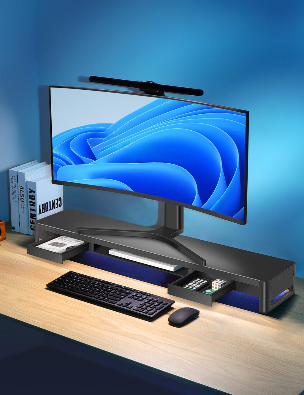 meatanty Dual Monitor Stand Riser with 2 Storage Drawers, Metal Computer Monitor Stand Monitor Shelf with Pull Out Drawer, Keyboard and Mouse Storage Desktop Organizer for PC,Laptop,iMac,TV,Printer