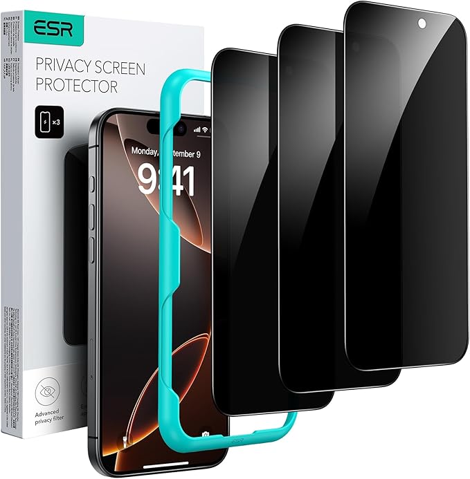 ESR 3 Pack for iPhone 16 Pro Max Privacy Screen Protector, Anti-spy Tempered-Glass Privacy Screen Protector with Easy Installation Tool, Micro-Curved Edges, Case Friendly