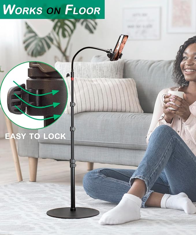 Phone Overhead Stand, Gooseneck Phone Floor Stand, Tall Video Cell Phone Mount with Height Adjustable Stand, Heavy Base, 360 Head, Works with iPhone 16, 16 Pro Max, 16 Plus, 15, 14, 13