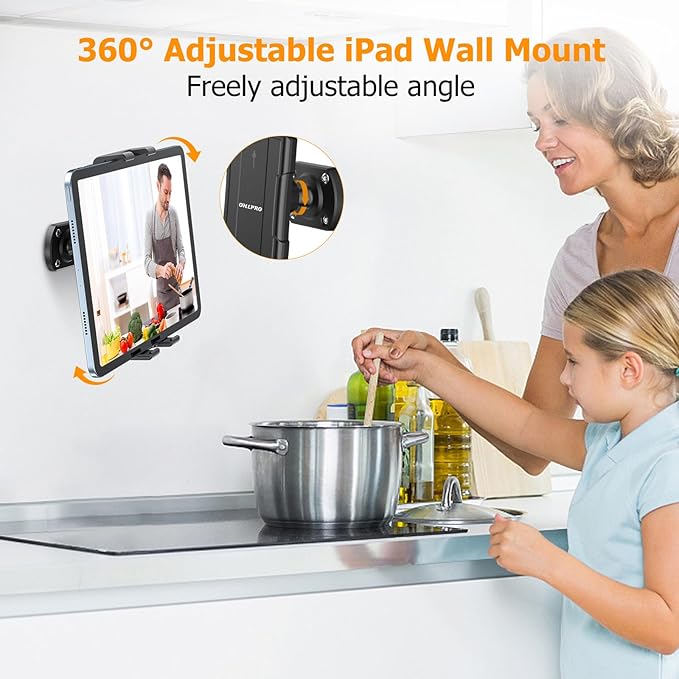 OHLPRO Tablet Wall Mount Holder 360° Rotating Adjustable Universal iPad Stand for Kitchen Office Warehouse Home, Compatible with 5"-13" Phone Tablets Galaxy Tabs Kindle Fire HD e-Reader Devices