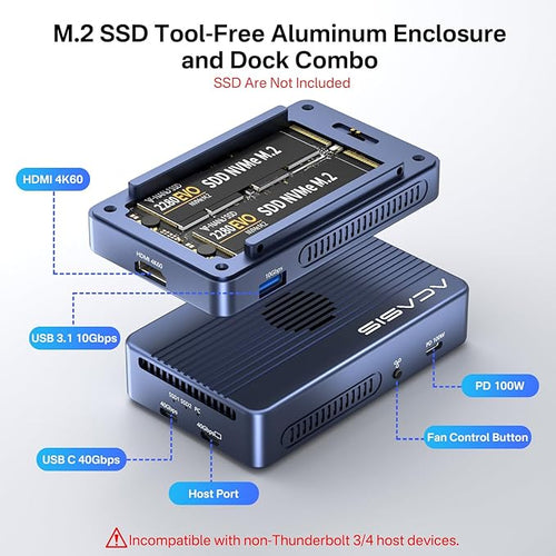 ACASIS 40Gbps M.2 NVMe SSD Enclosure, Cooling Fan, Compatible with 40Gbps / USB 4.0, Tool-Free, Aluminum Dock Dual Monitor, Support Software RAID, 2 USBC 40Gbps for M1/M2/Windows