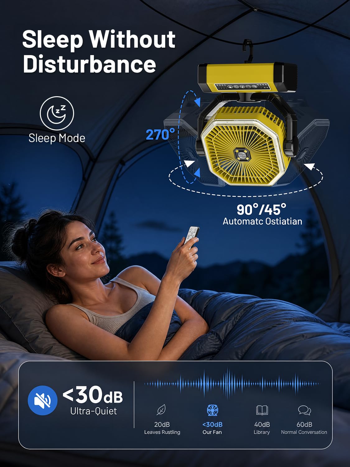 Battery Powered Fan - 9-Inch Rechargeable Fan Portable, 24000mAh(60Hrs) Camping Fans for Tent, Auto Oscillation Cordless, Tent Fans for Camping with Remote/light, 4 Speeds, 4 Timing, Outdoor, Yellow