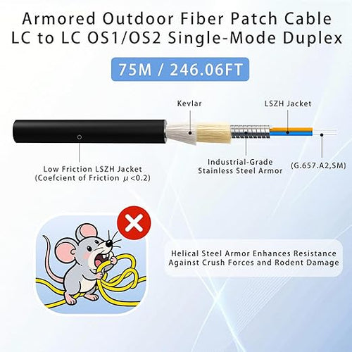 75M/246FT LC to LC Armored Outdoor Fiber Optic Cable, Single Mode Duplex 9/125μm SMF Fiber Patch Cord, OS1/OS2 Compatible, Black LSZH Jacket, Uniboot Jumper for FTTH, Data Center, Long-Distance Use