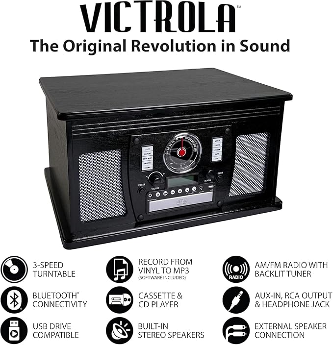 Victrola Aviator 8-in-1 Bluetooth Record Player & Multimedia Center with Built-in Stereo Speakers - 3-Speed Turntable, Vinyl to MP3 Recording, Wireless Music Streaming, Mahogany